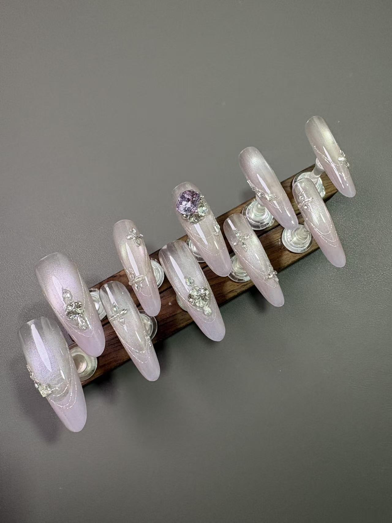 Pink Aurora Cat Eye Purple Rhinestone Long Almond Press On Nails - handmade custom press-on nails detail gallery photo