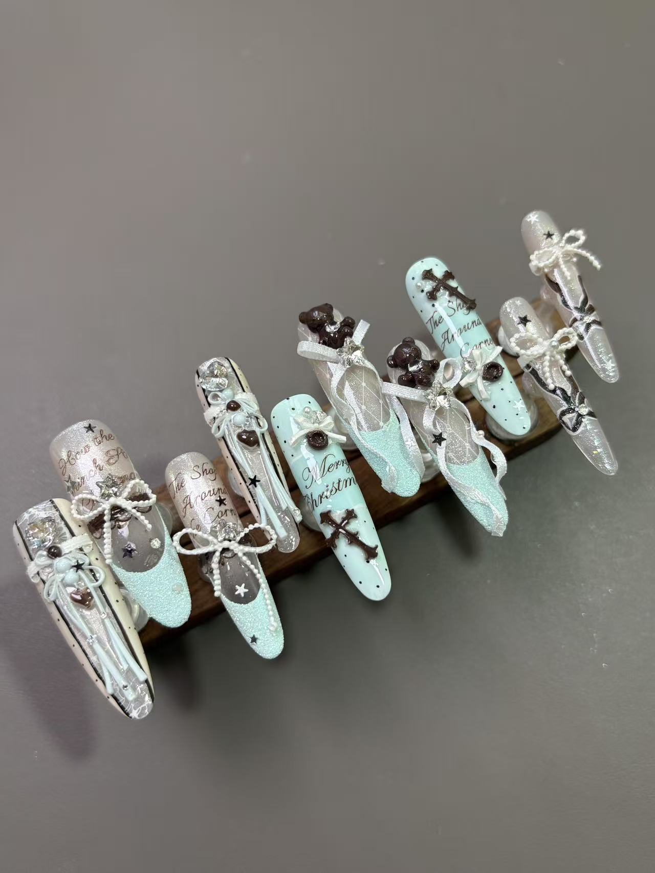 Mint Green Ribbon Bear Cross Long Stiletto Press On Nails - handmade custom press-on nails detail gallery photo