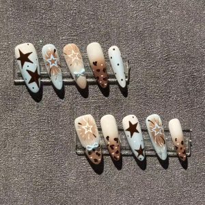 Mint Chocolate Star Leopard Long Almond Nails - handmade custom press-on nails main product photo