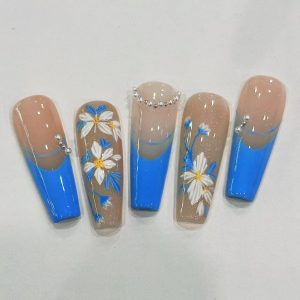 Blue French Daisy Pearl Long Coffin Press On Nails - handmade custom press-on nails main product photo