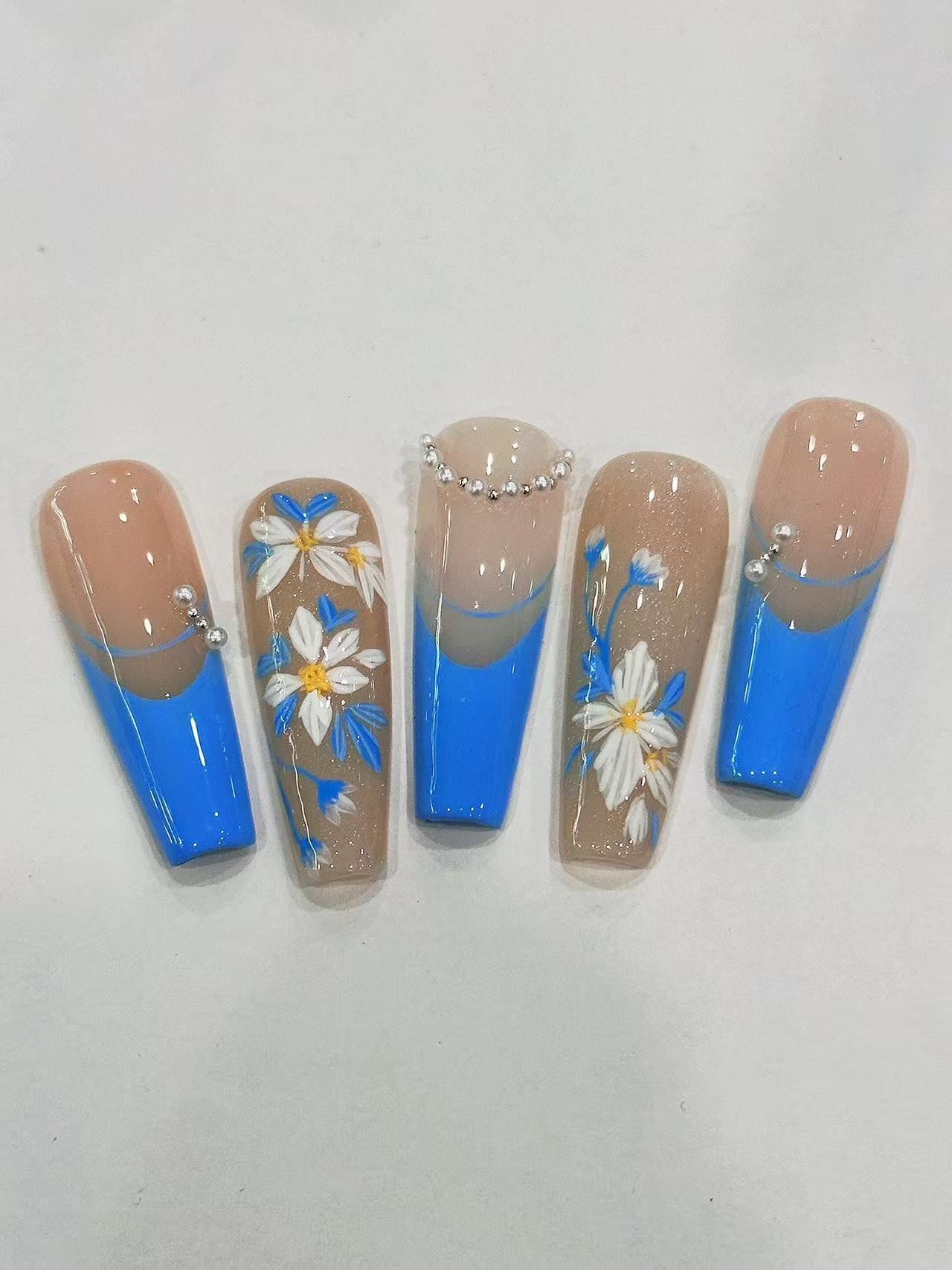Blue French Daisy Pearl Long Coffin Press On Nails - handmade custom press-on nails main product photo