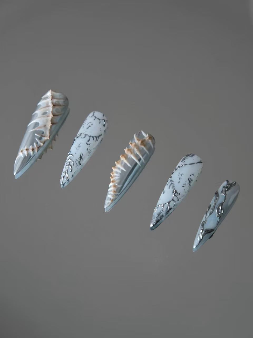Silver Thorn Skeleton Stiletto Press On Nails - handmade custom press-on nails main product photo