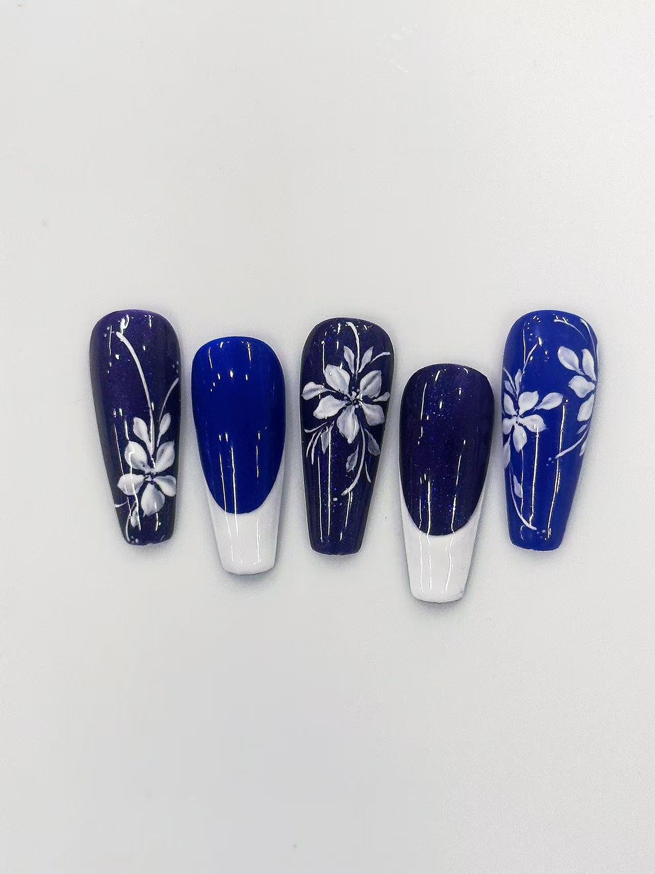 Blue Purple White Floral French Long Coffin Press On Nails - handmade custom press-on nails detail gallery photo