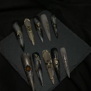 Smoke Gray Gothic Gold Cross Long Stiletto Press On Nails