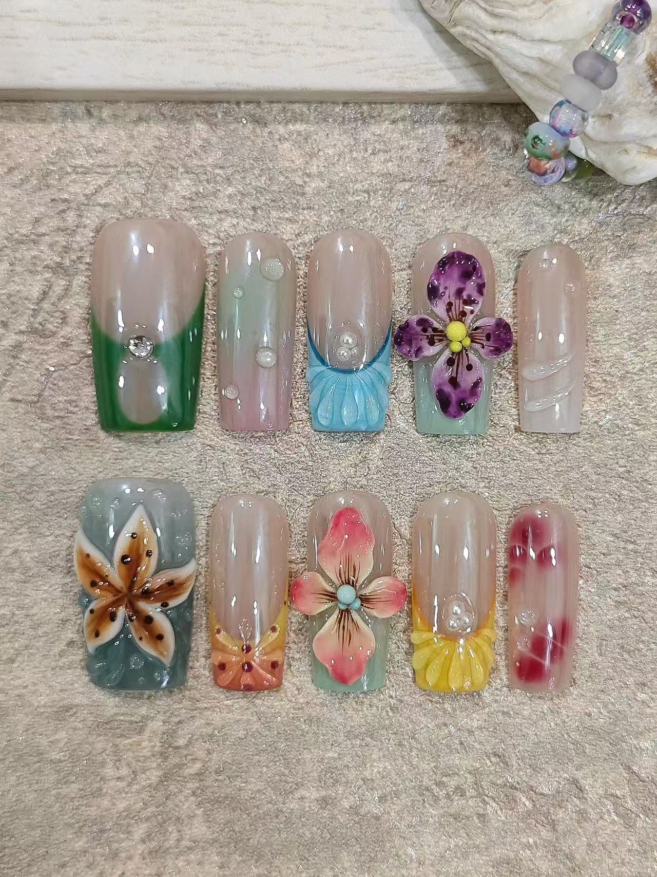 3D Hand Painted Floral Spring Water Drop Square Press On Nails - handmade custom press-on nails detail gallery photo