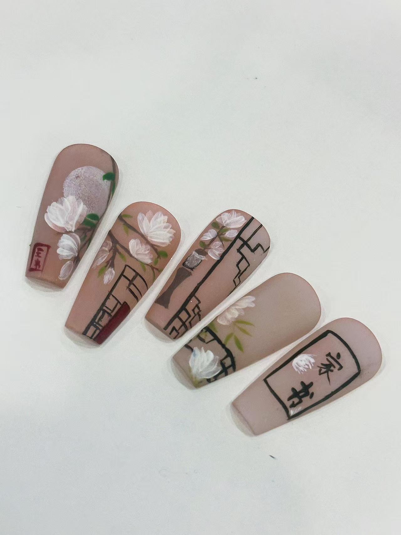 Chinese Style Magnolia “Home Letter” Matte Long Coffin Press On Nails - handmade custom press-on nails detail gallery photo
