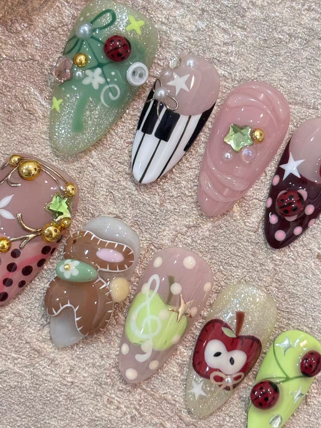 Cute Cartoon Ladybug Bear Apple Almond Press On Nails - handmade custom press-on nails detail gallery photo