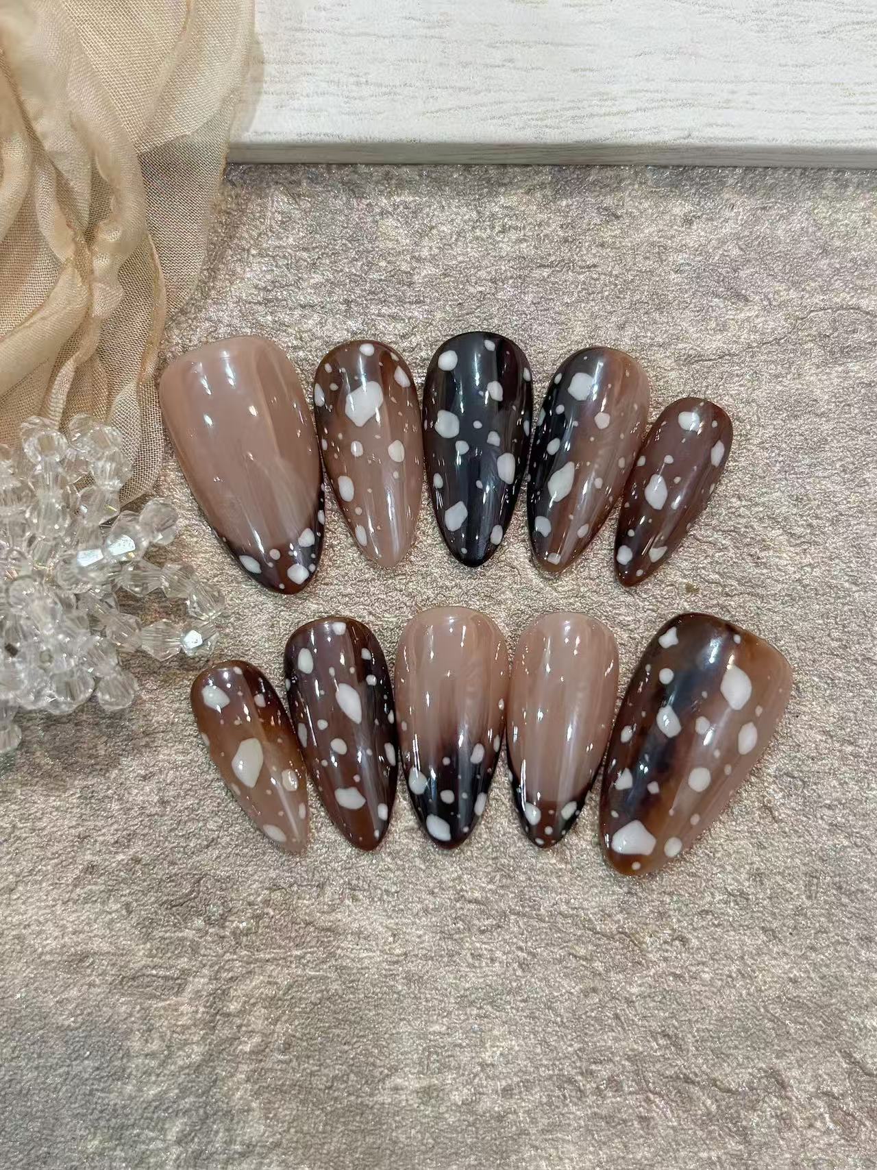 Coffee Gradient White Spot Almond Press On Nails - handmade custom press-on nails main product photo