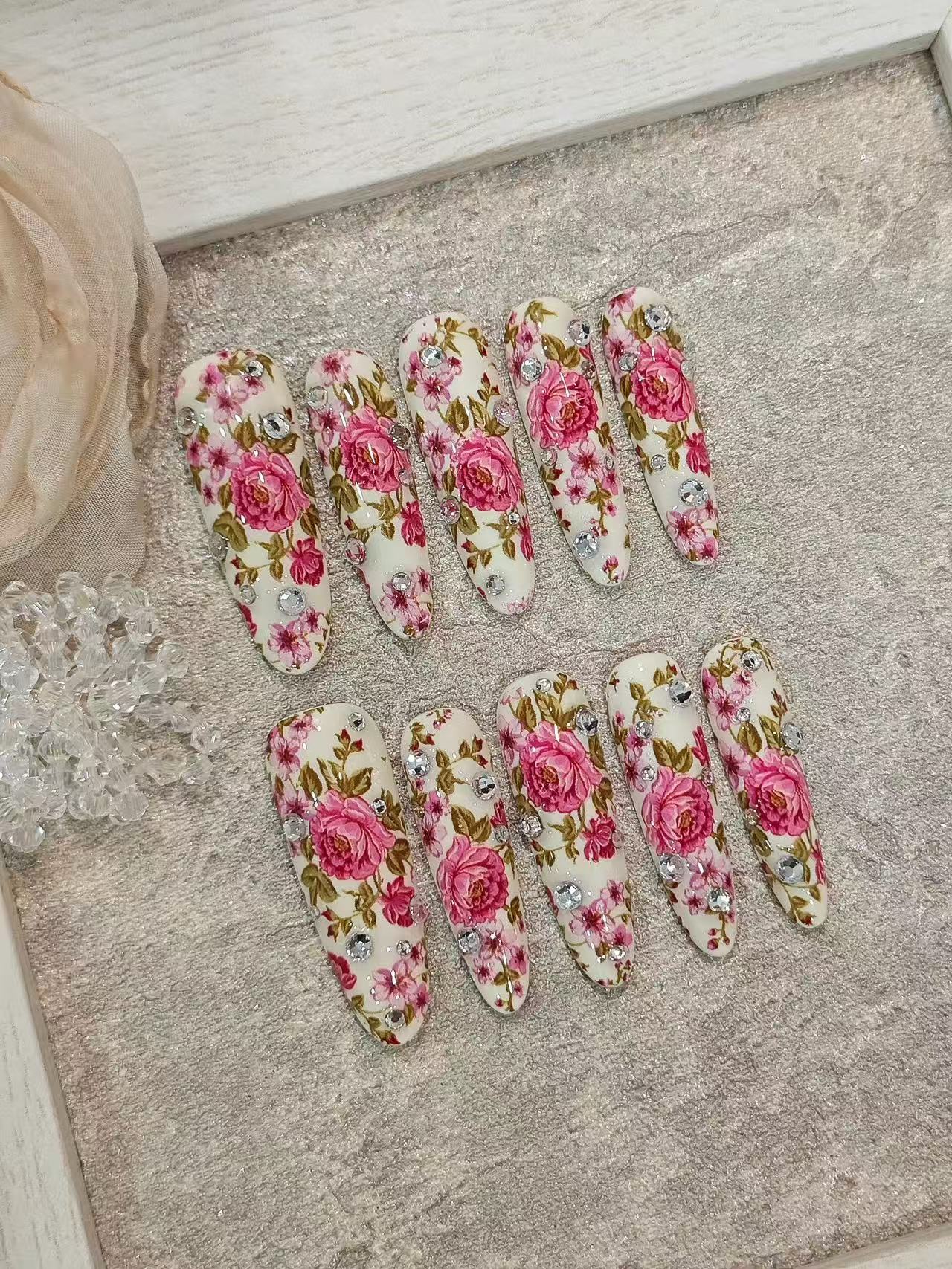 Vintage Pink Rose Rhinestone Long Almond Press On Nails - handmade custom press-on nails detail gallery photo