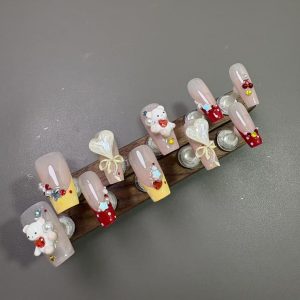 Cute Cartoon Bear Cherry French Medium Coffin Press On Nails - handmade custom press-on nails main product photo