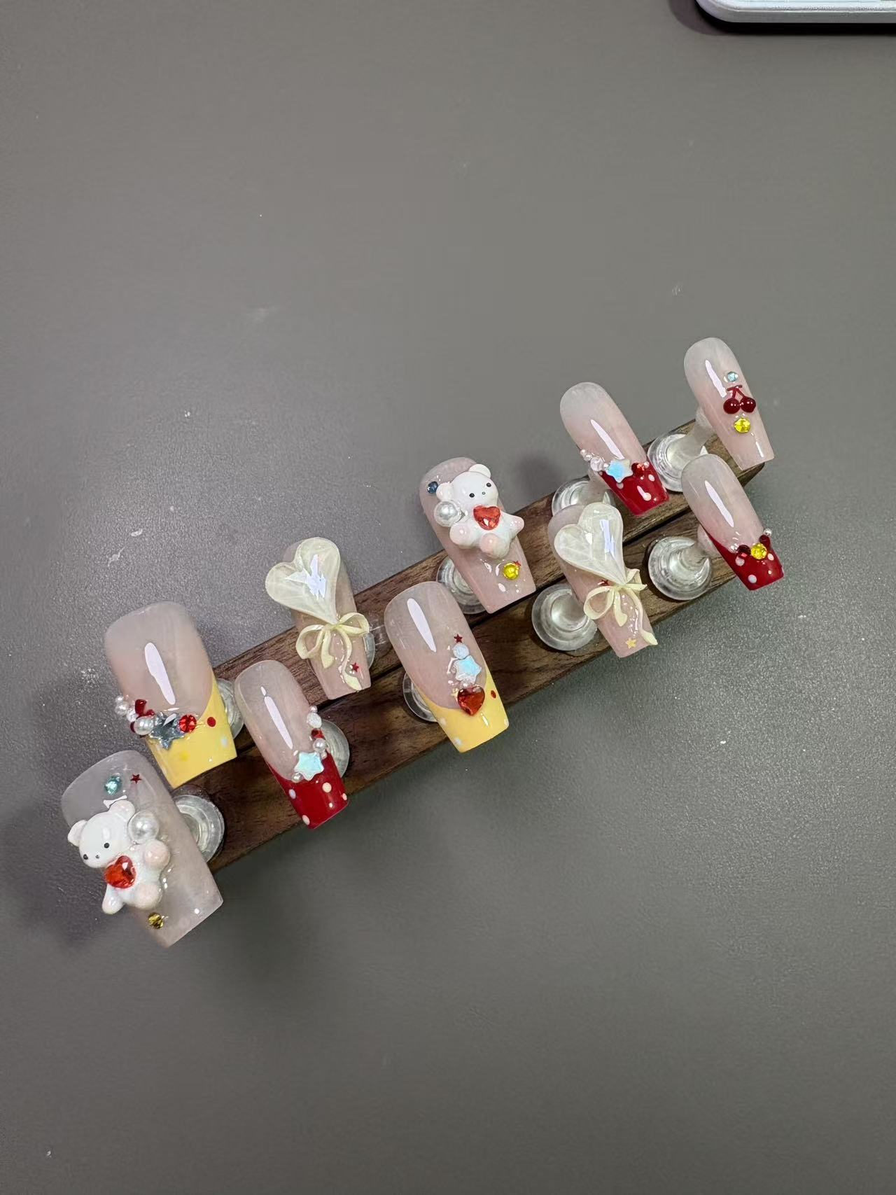 Cute Cartoon Bear Cherry French Medium Coffin Press On Nails - handmade custom press-on nails main product photo