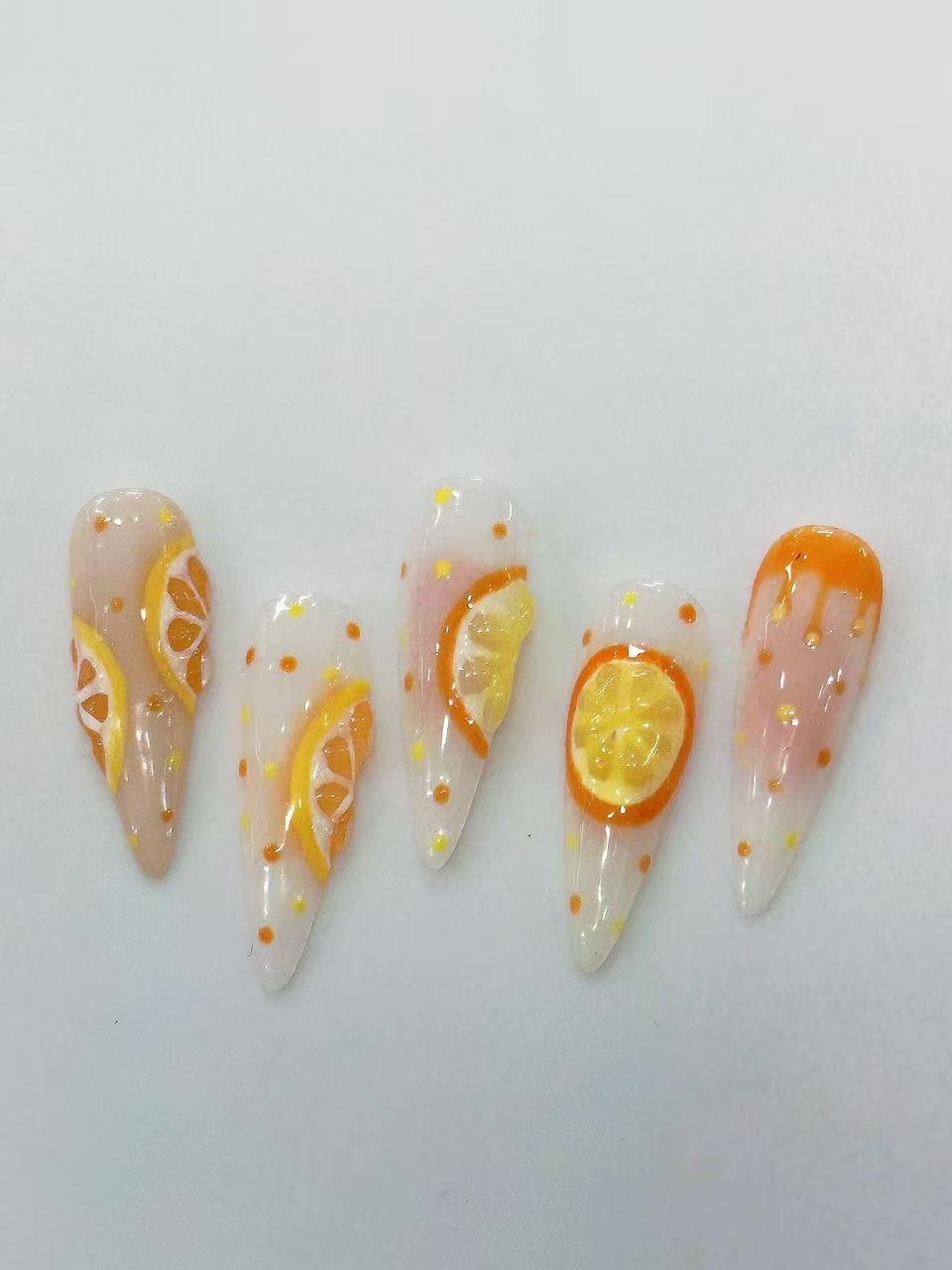 3D Orange Slice Jelly Long Stiletto Press On Nails - handmade custom press-on nails detail gallery photo