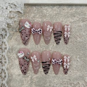 Pink Leopard Hello Kitty Bow Long Stiletto Press On Nails - handmade custom press-on nails main product photo