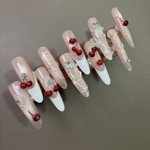 Cherry Lace French Long Stiletto Press On Nails - handmade custom press-on nails main product photo