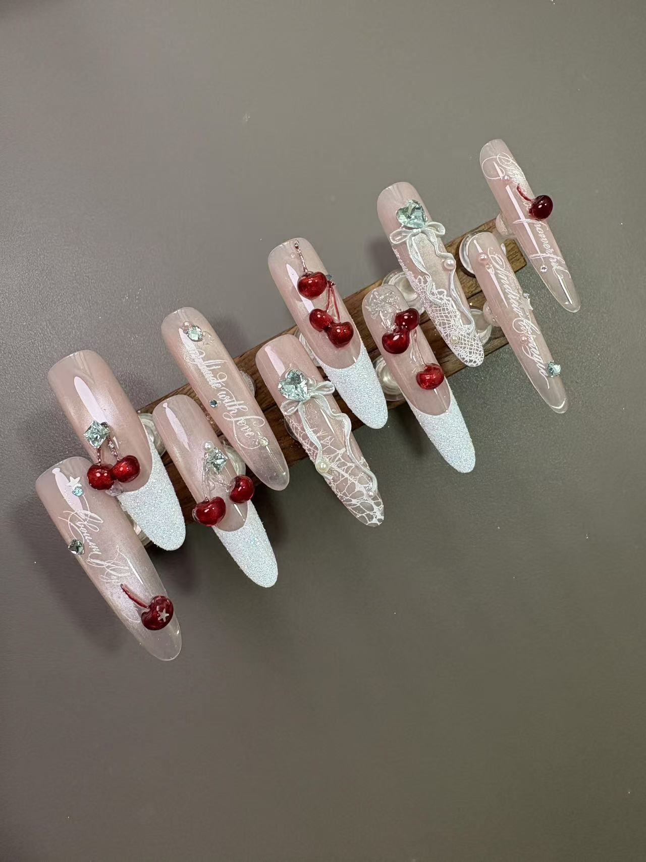 Cherry Lace French Long Stiletto Press On Nails - handmade custom press-on nails main product photo