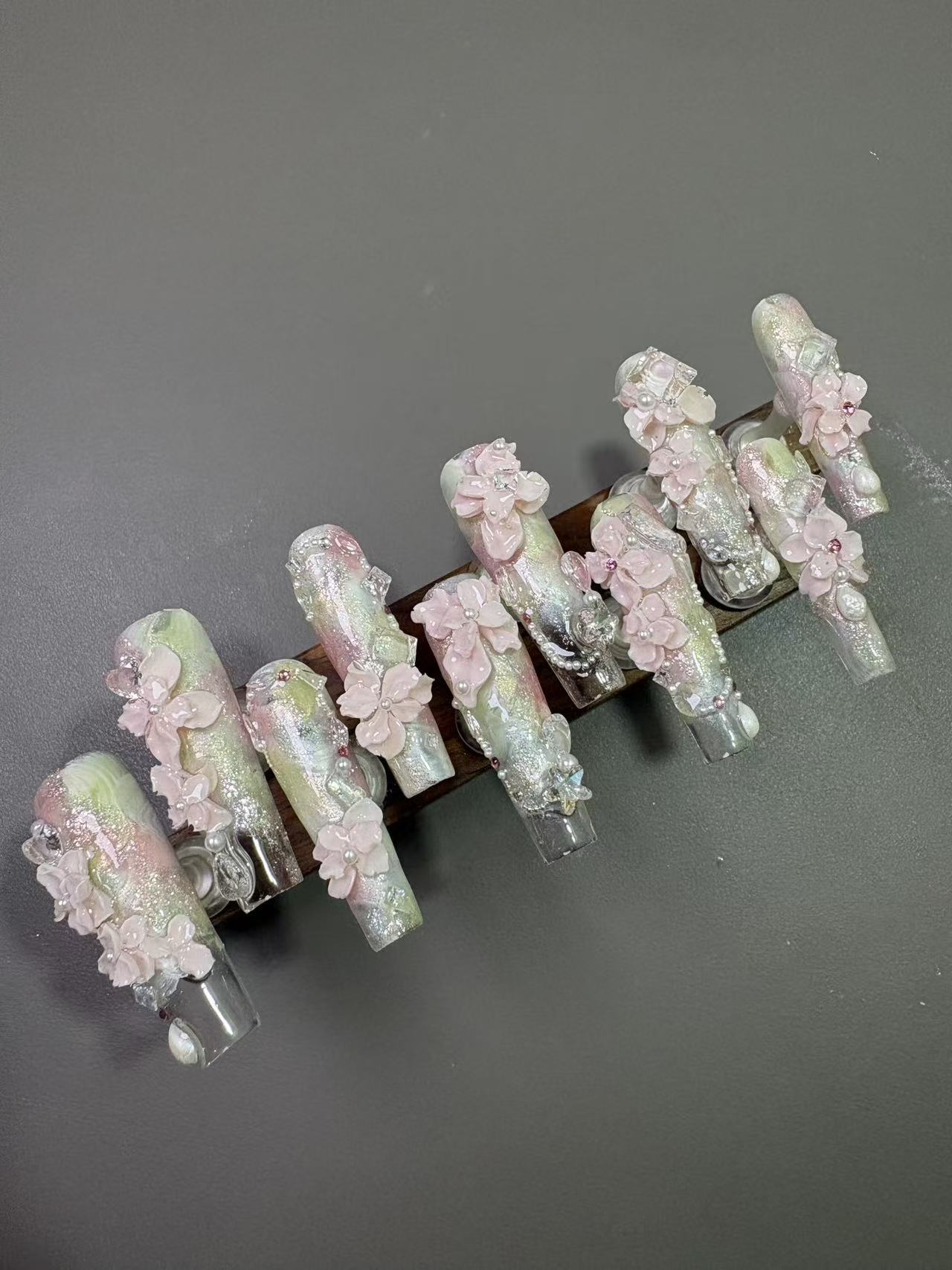 Iridescent Glitter 3D Pink Flower Long Coffin Press On Nails - handmade custom press-on nails detail gallery photo