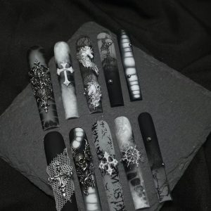 Black Gray Smoke Skull Cross Long Coffin Press On Nails