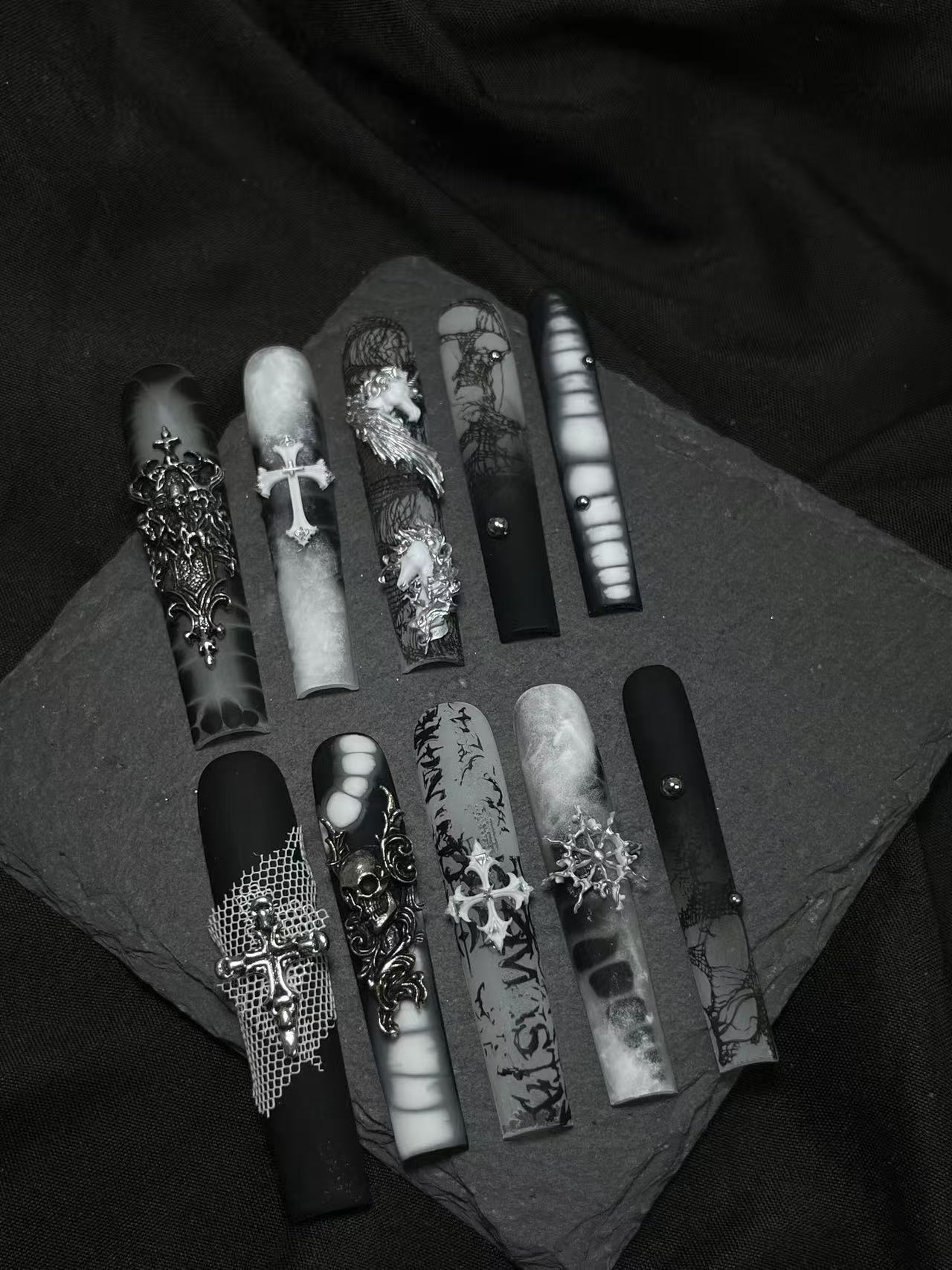 Black Gray Smoke Skull Cross Long Coffin Press On Nails