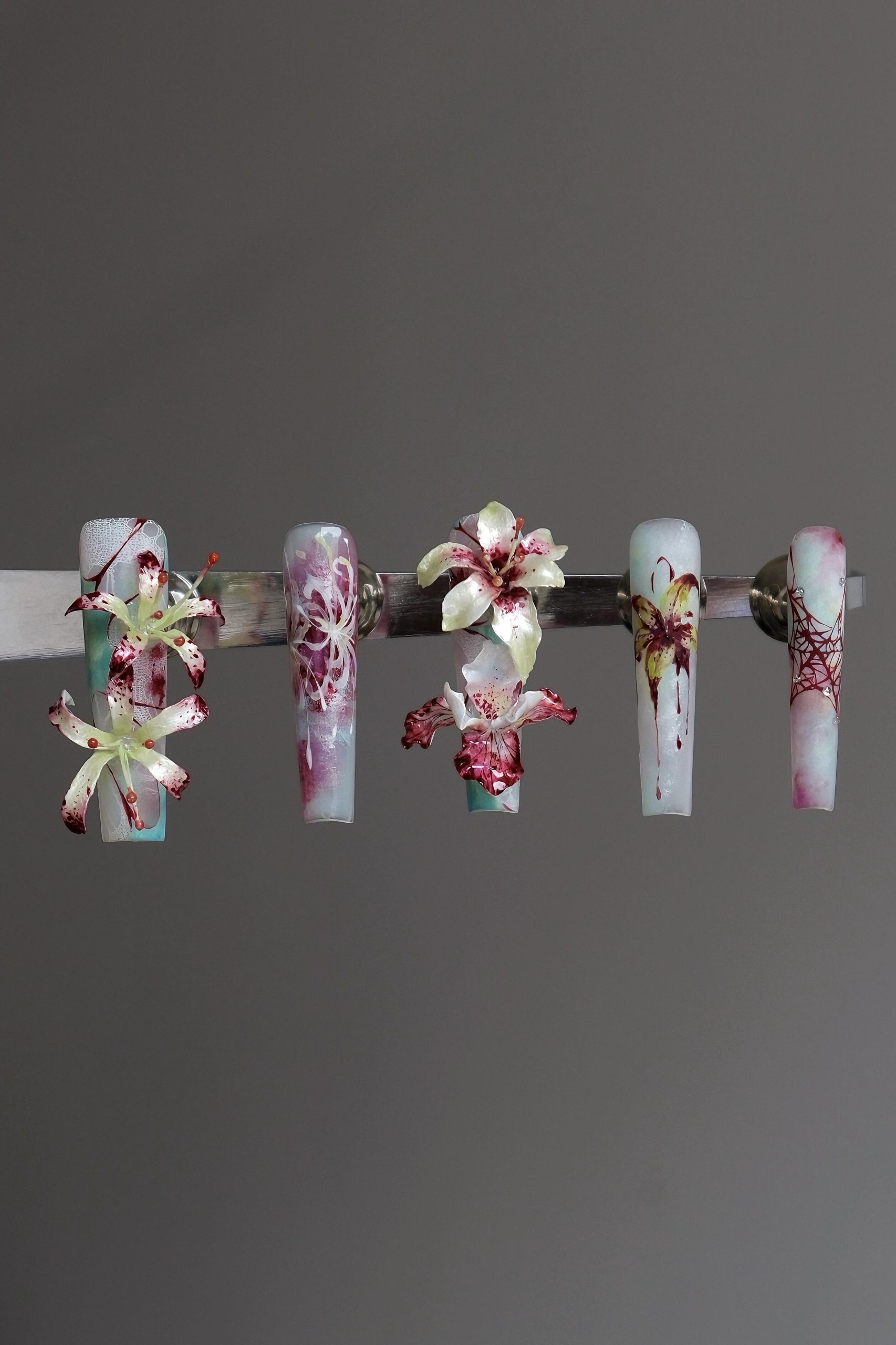 Blood Stain Lily Cobweb Long Coffin Press On Nails - handmade custom press-on nails detail gallery photo