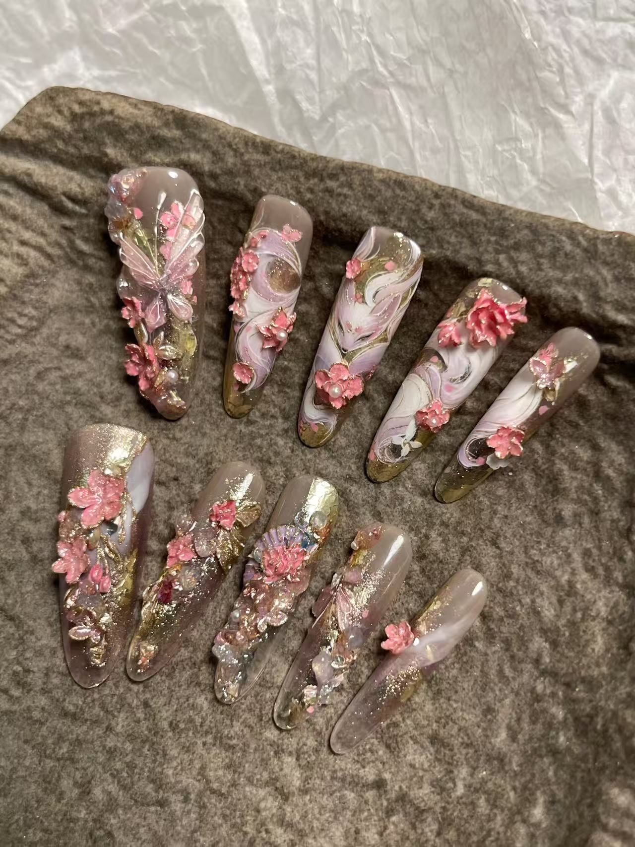 Chinese Style Fox 3D Cherry Blossom Long Stiletto Press On Nails - handmade custom press-on nails detail gallery photo