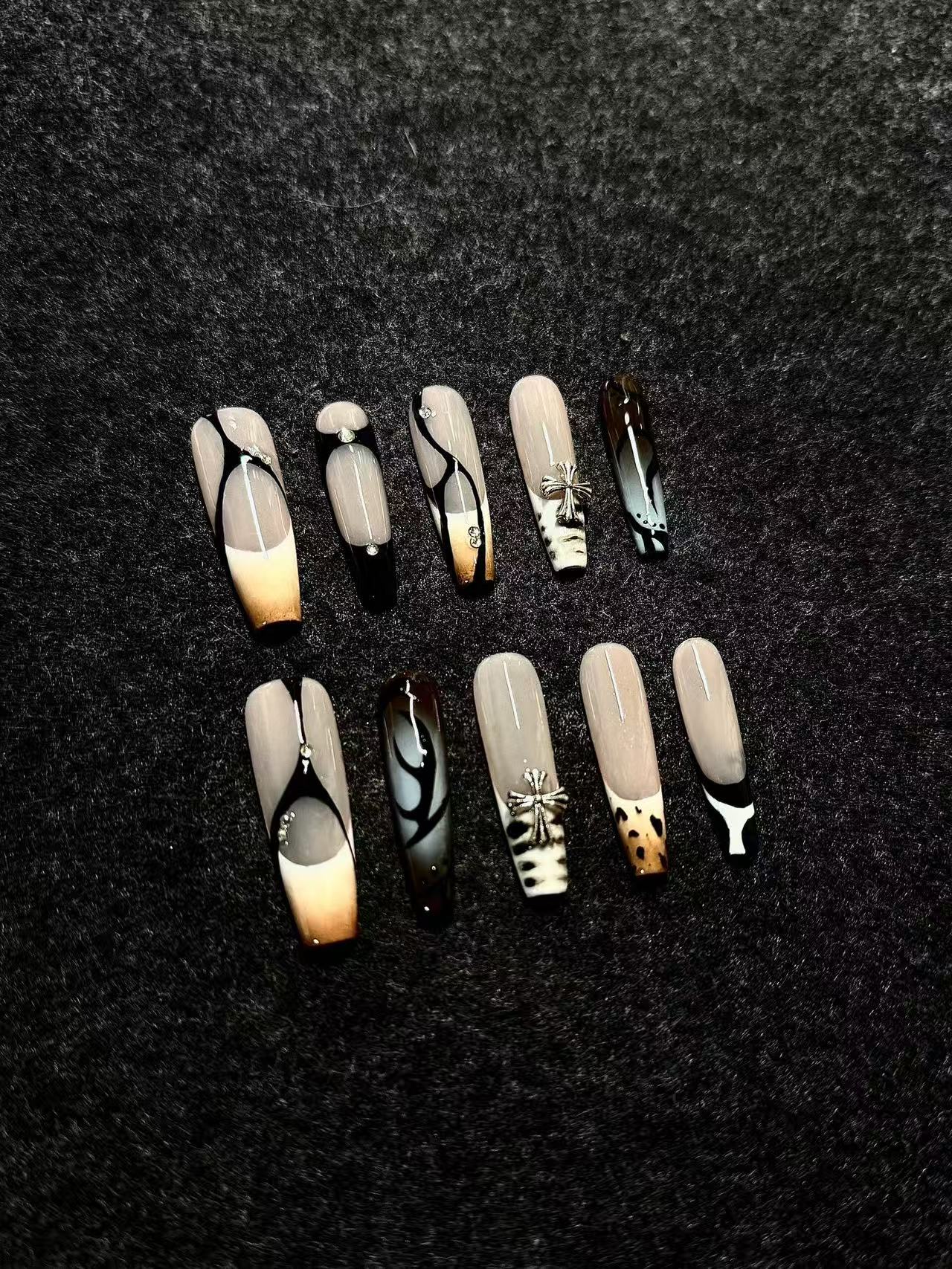 Coffee Leopard Print Long Coffin Custom Press On Nails - handmade custom press-on nails detail gallery photo