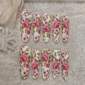 Vintage Pink Rose Rhinestone Long Almond Press On Nails - handmade custom press-on nails main product photo