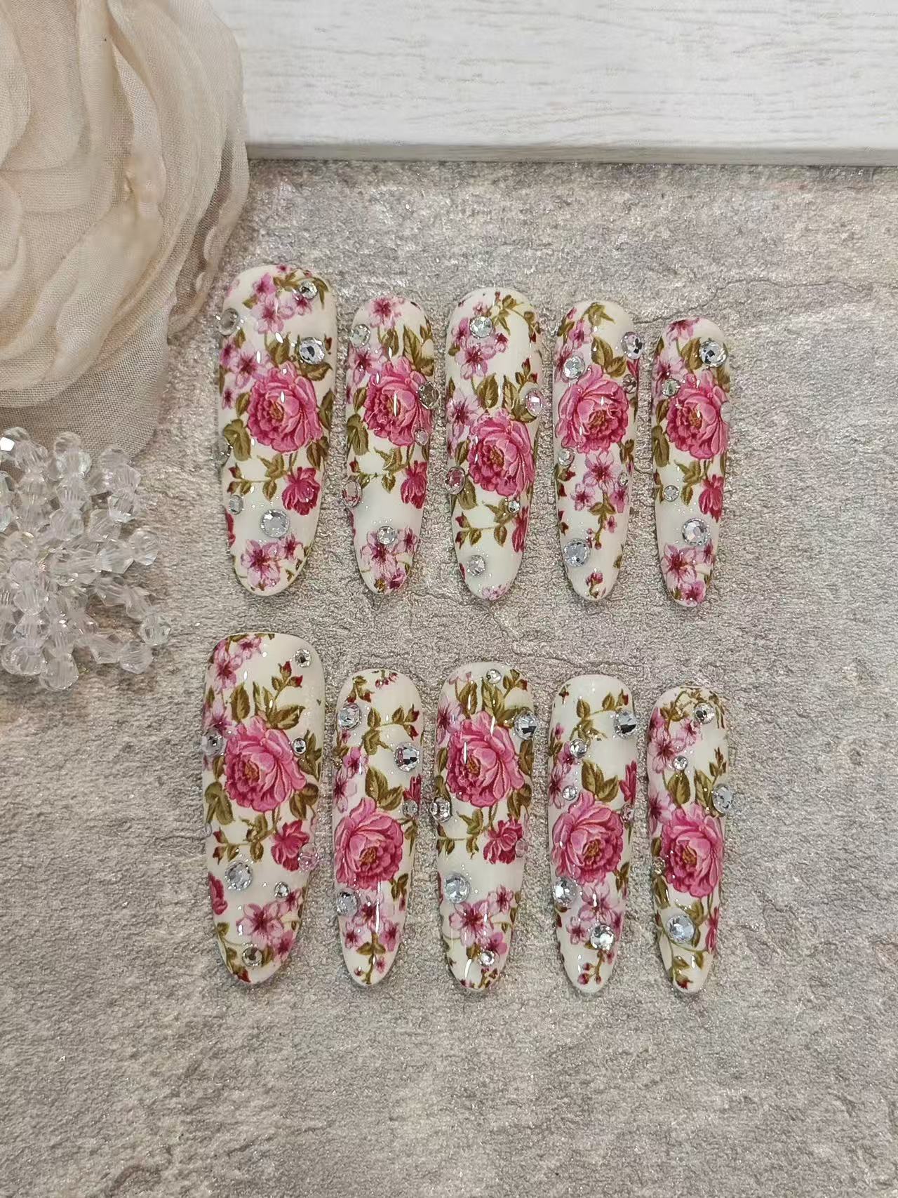 Vintage Pink Rose Rhinestone Long Almond Press On Nails - handmade custom press-on nails main product photo