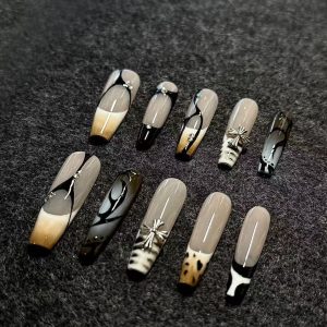Coffee Leopard Print Long Coffin Custom Press On Nails - handmade custom press-on nails main product photo