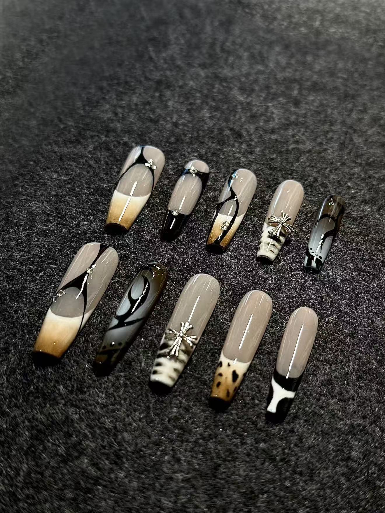 Coffee Leopard Print Long Coffin Custom Press On Nails - handmade custom press-on nails main product photo