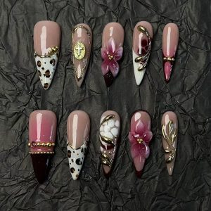 Vintage Leopard‑Print 3D Flower Press‑On Nails