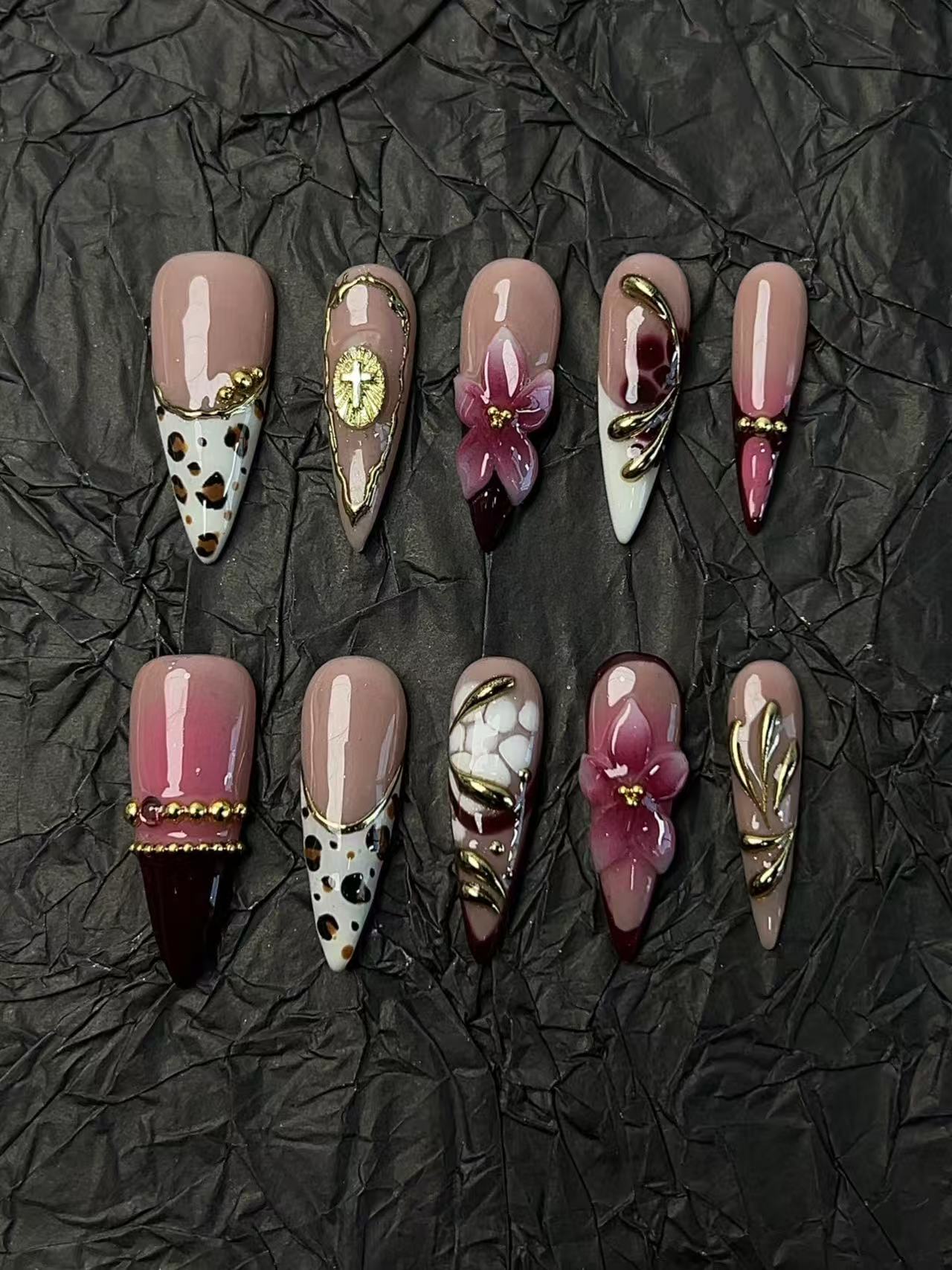 Vintage Leopard‑Print 3D Flower Press‑On Nails