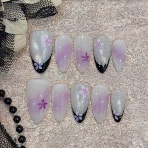 Purple Floral Smoke Black French Almond Press On Nails - handmade custom press-on nails main product photo