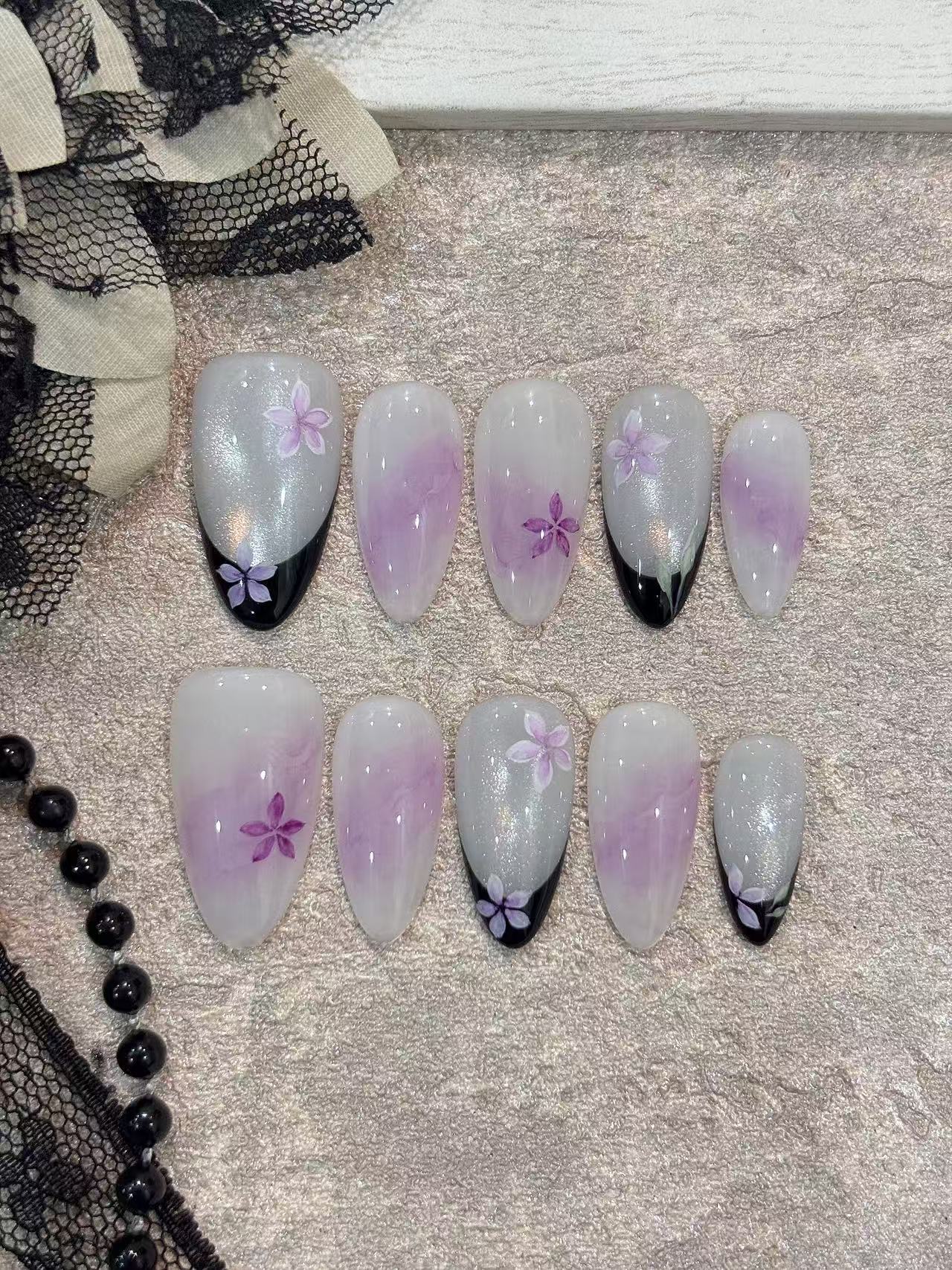 Purple Floral Smoke Black French Almond Press On Nails - handmade custom press-on nails main product photo