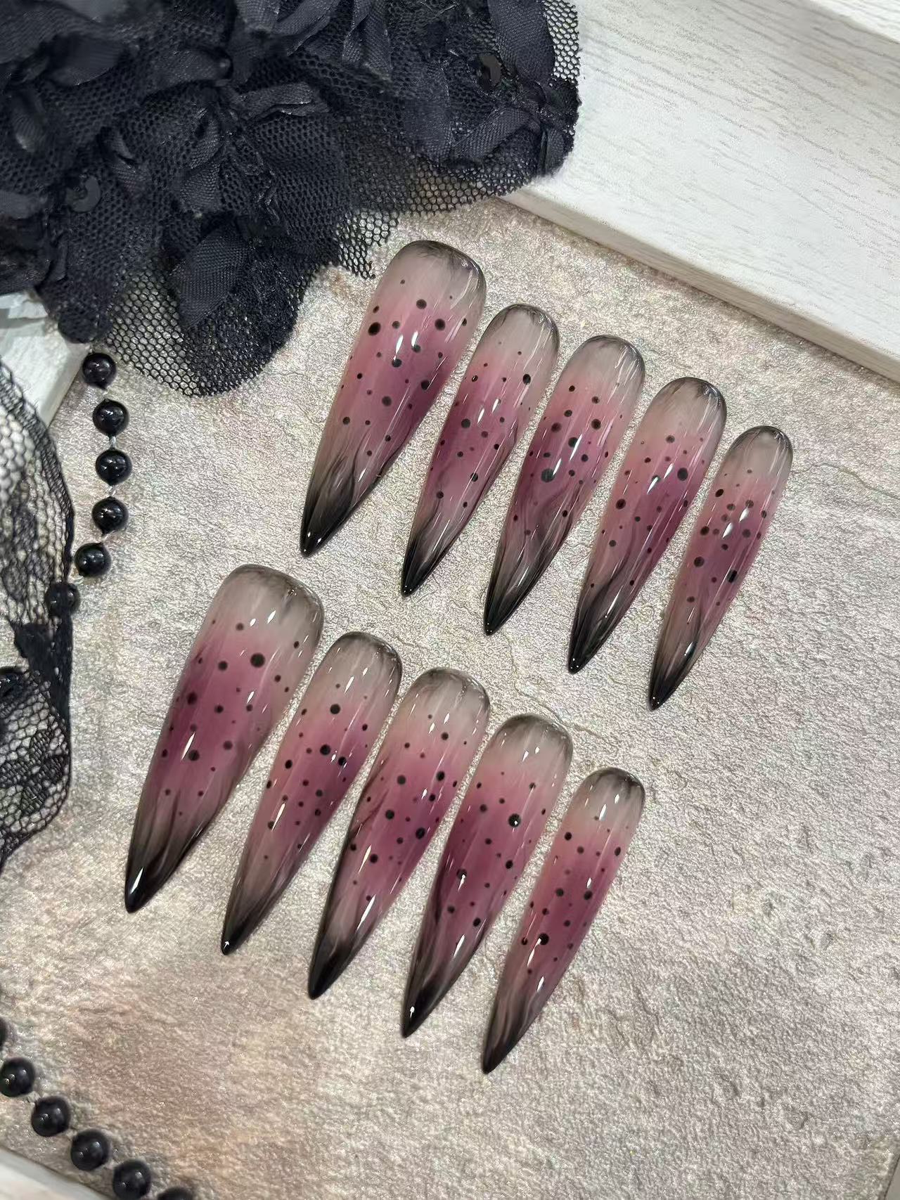 Pink Black Smoke Gradient Dot Stiletto Press On Nails - handmade custom press-on nails detail gallery photo
