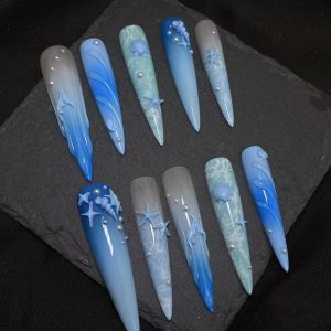 3D Ocean Wave Extra Long Stiletto Press On Nails - handmade custom press-on nails main product photo