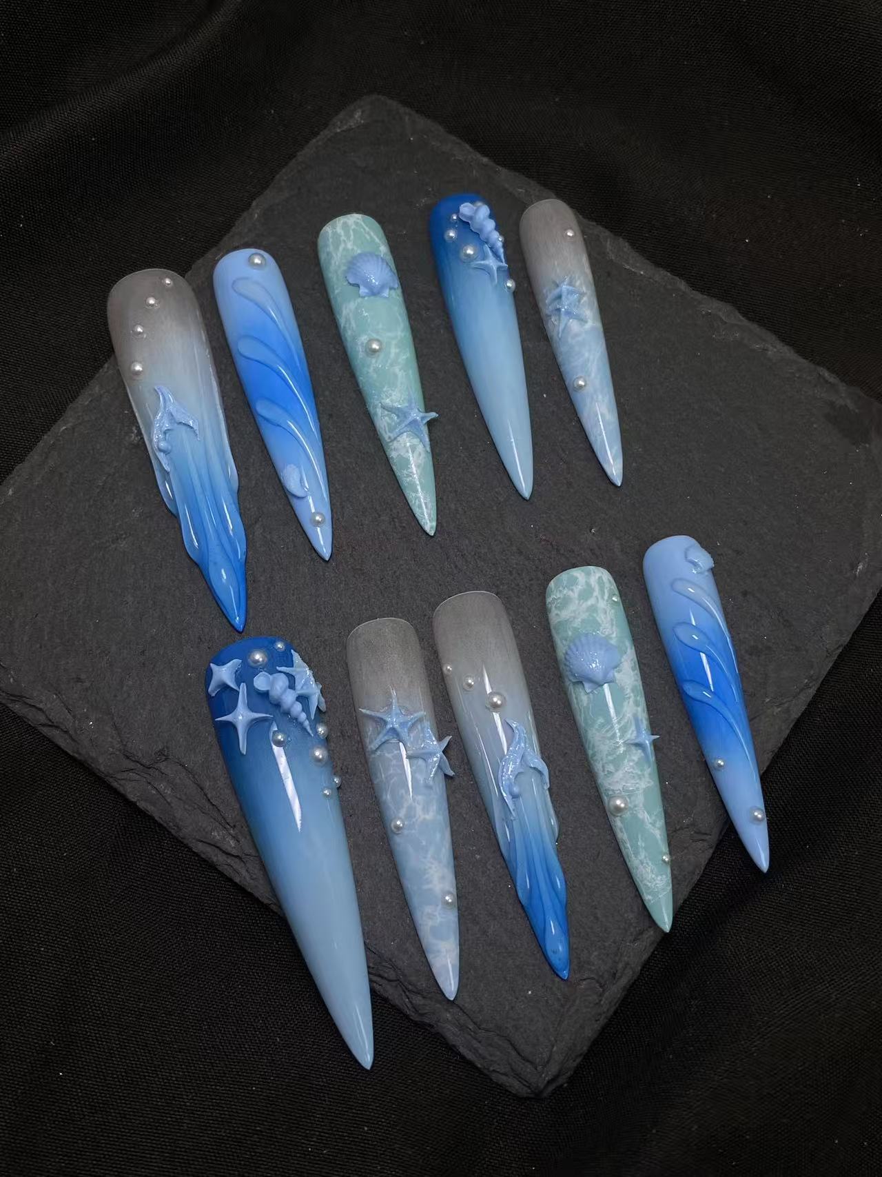 3D Ocean Wave Extra Long Stiletto Press On Nails - handmade custom press-on nails main product photo