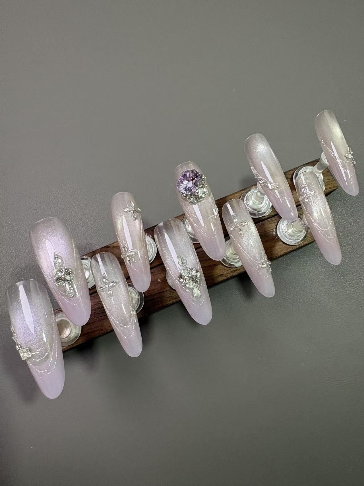 Pink Aurora Cat Eye Purple Rhinestone Long Almond Press On Nails - handmade custom press-on nails detail gallery photo