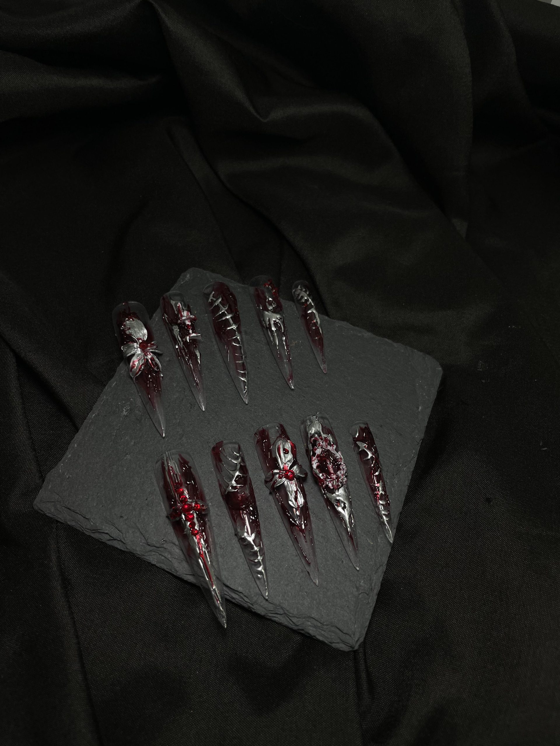 Blood Bone Devouring Flower Gothic Long Stiletto Nails - handmade custom press-on nails detail gallery photo