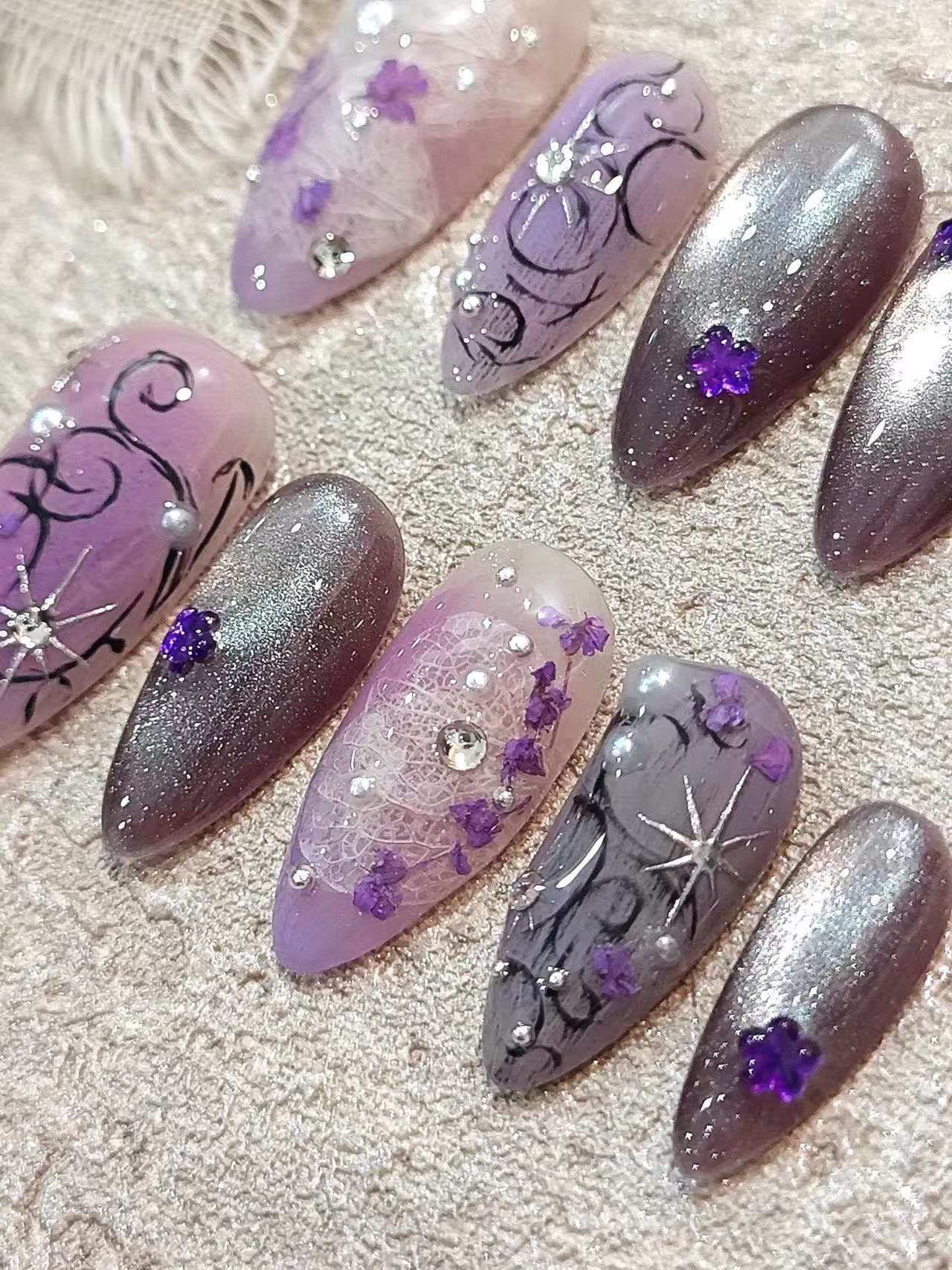 Purple Cat Eye Lace Floral Almond Press On Nails - handmade custom press-on nails detail gallery photo