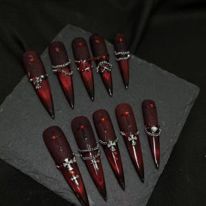 Bloodthirsty Nun Dark Red Cross Long Stiletto Press On Nails
