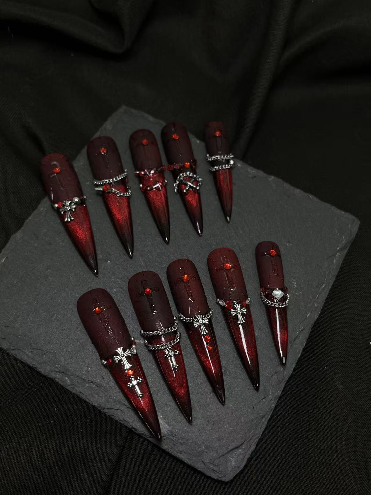 Bloodthirsty Nun Dark Red Cross Long Stiletto Press On Nails