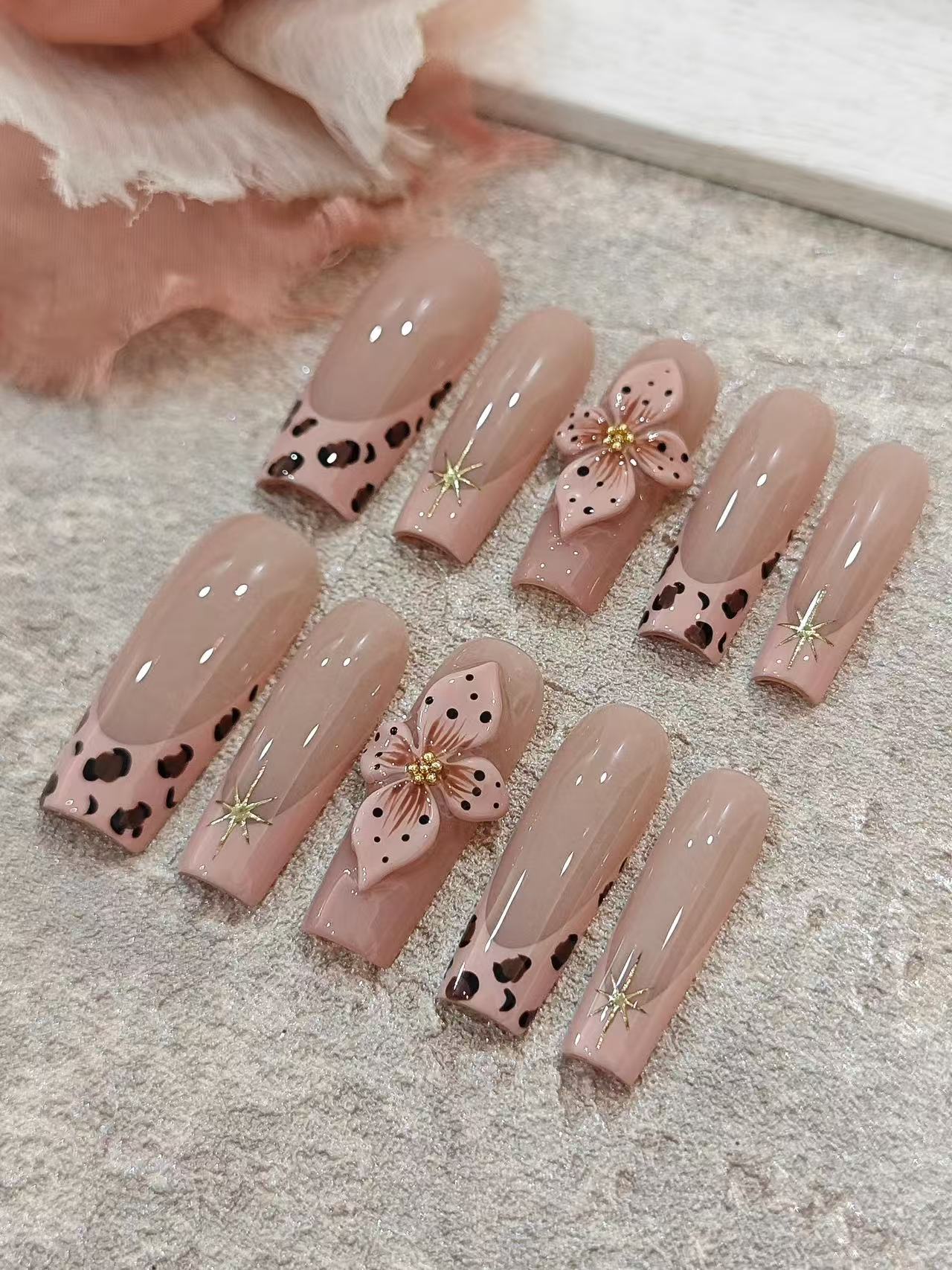 Nude Tea Leopard French 3D Flower Long Square Nails - handmade custom press-on nails detail gallery photo
