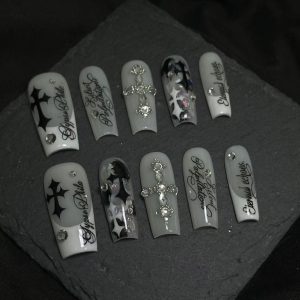 Gray Milk Tea Cross Rhinestone Letter Long Coffin Press On Nails
