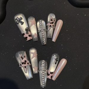 Silver Glitter Pink Leopard Star Cross Long Coffin Press On Nails