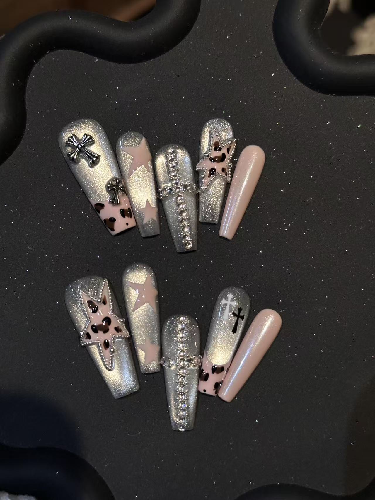 Silver Glitter Pink Leopard Star Cross Long Coffin Press On Nails