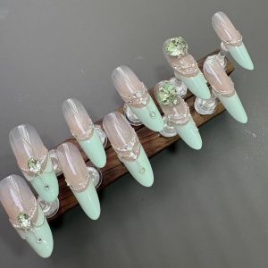Mint Green Nude Gradient Chain Olive Rhinestone Long Stiletto Press On Nails - handmade custom press-on nails main product photo