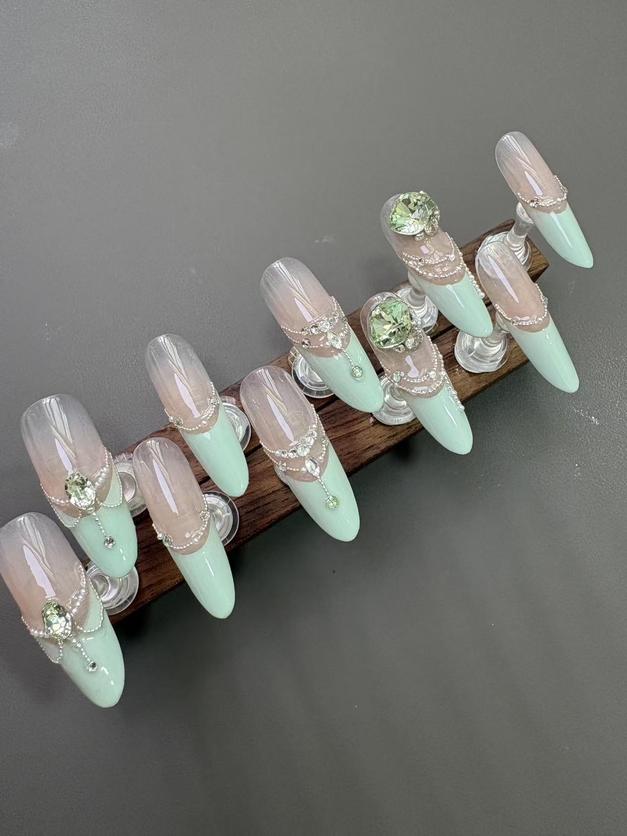 Mint Green Nude Gradient Chain Olive Rhinestone Long Stiletto Press On Nails - handmade custom press-on nails main product photo