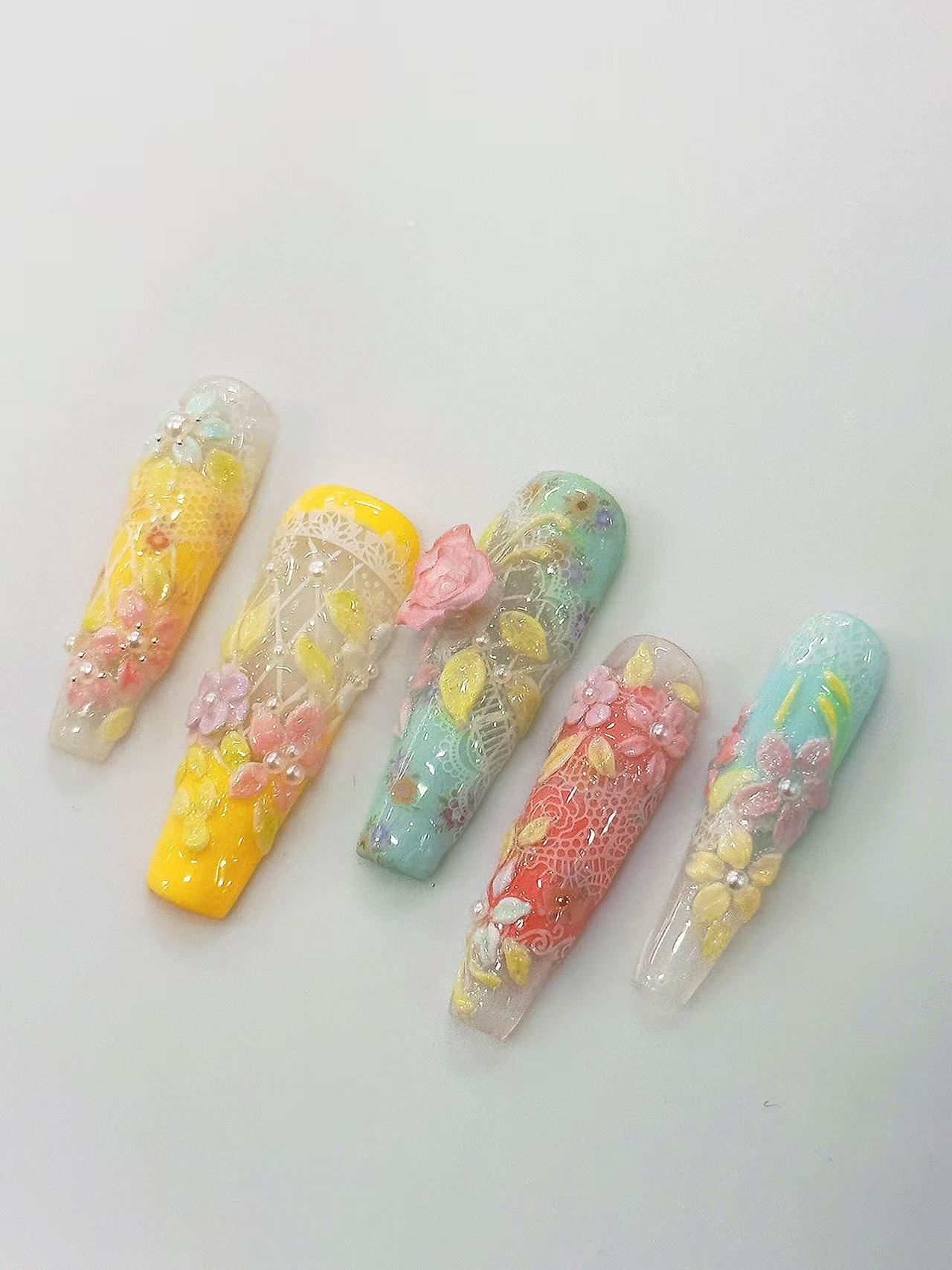 Pastel 3D Rose Lace Long Coffin Press On Nails - handmade custom press-on nails detail gallery photo