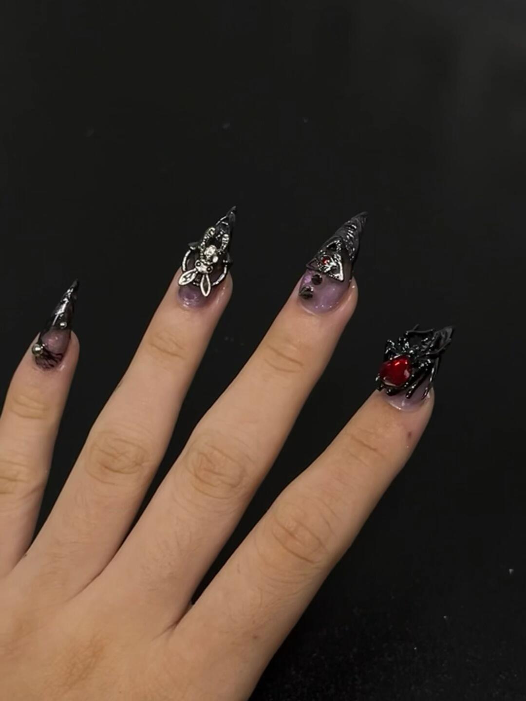Gothic Purple Spider Extra Long Stiletto Press On Nails - handmade custom press-on nails detail gallery photo