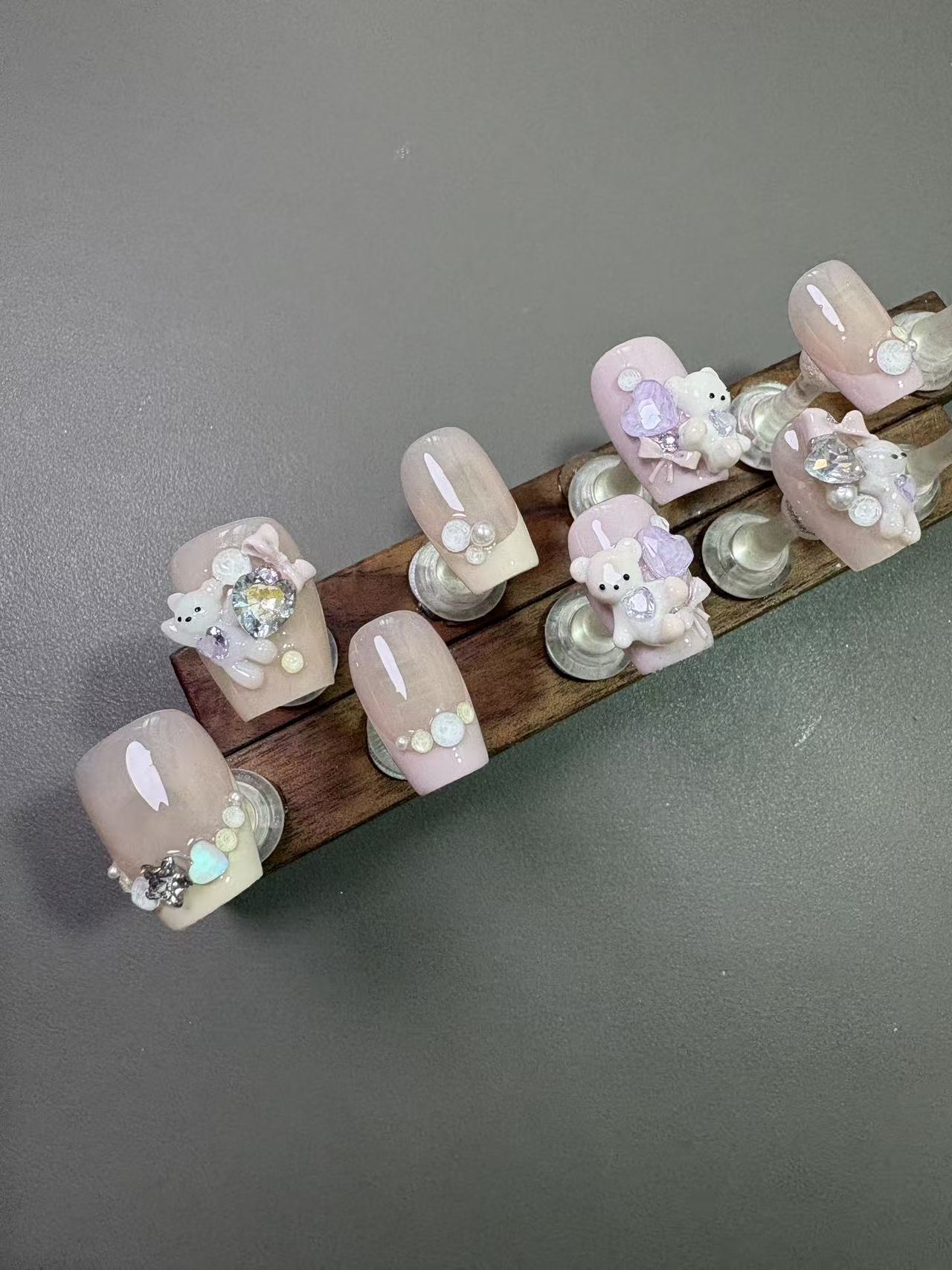 Nude Pink French 3D Bear Short Square Press On Nails - handmade custom press-on nails detail gallery photo